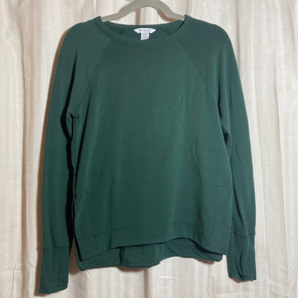 Athleta Coaster Luxe Sweatshirt Forest Green XXS Thumbhole Pullover Fleece Comfy